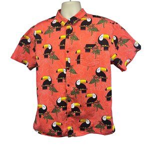 Mens Hawaiian Floral Tropical Button Up Shirt XL Pocket Stretch Pink Toucan Bird